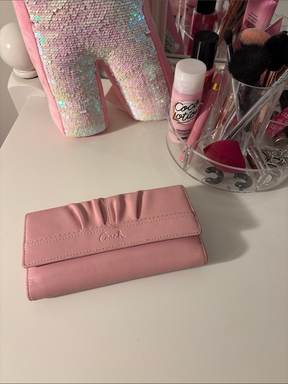 Coach Pink Leather Fold Wallet with Ruched Detail